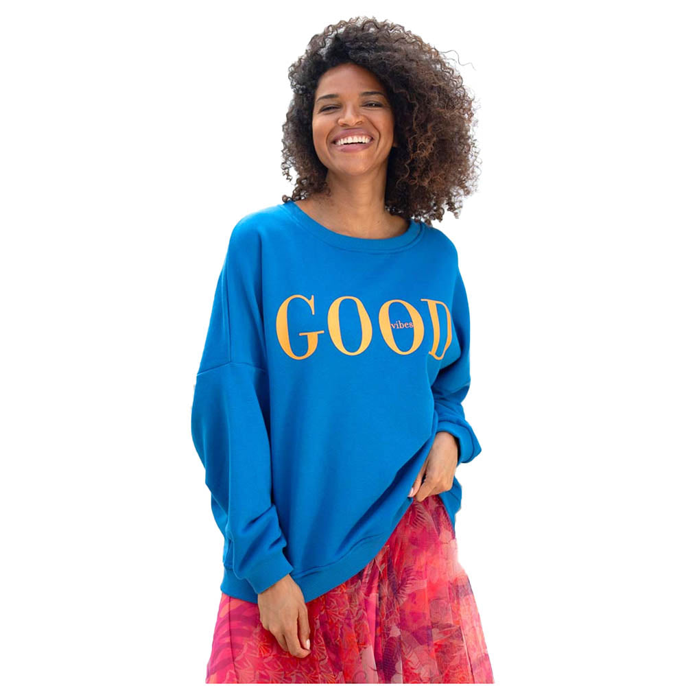 Miss Goodlife Damen Sweatshirt, RoundNeck, Good Vibes, blue/neon orange,