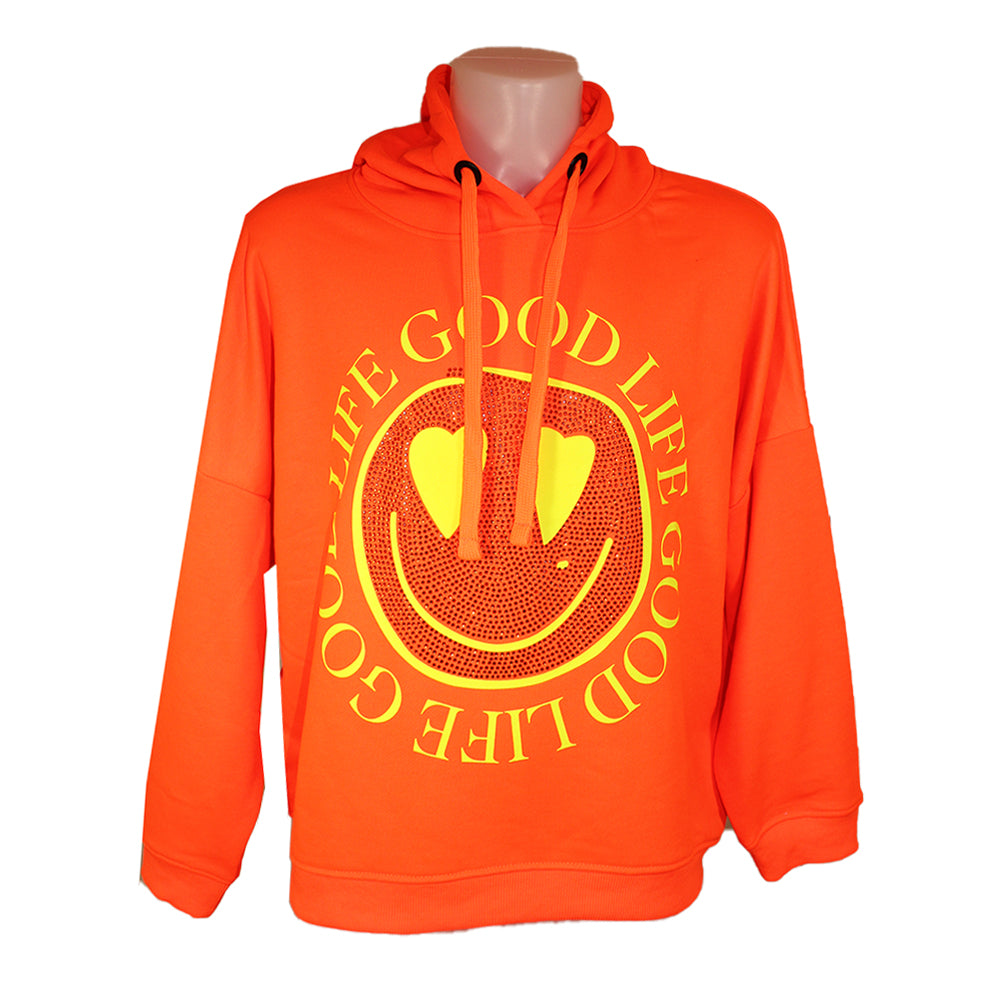 Miss Goodlife Damen Hoodie Heartface Strass, neon orange/neon yellow,