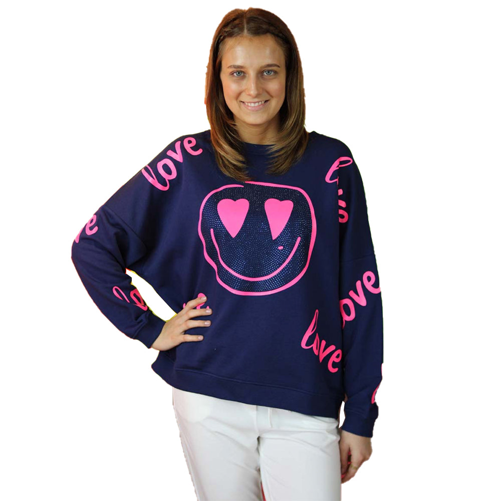 Miss Goodlife MG8957 Damen Sweatshirt Heartface Love Strass, darkblue/neonpink,