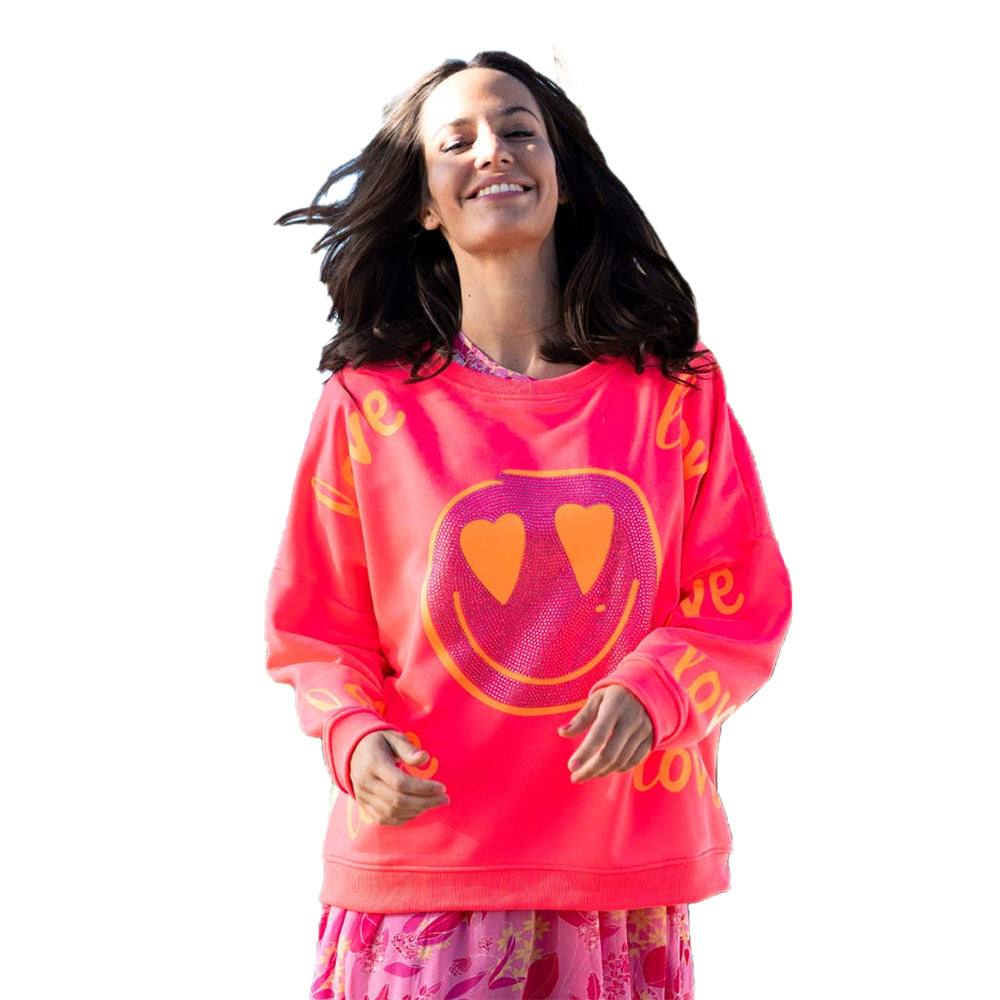 Miss Goodlife Damen Sweatshirt Heartface Love Strass, neonpink/neonorange,