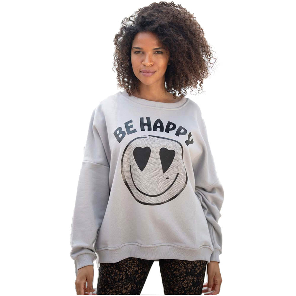 Miss Goodlife Damen Sweatshirt Be happy, Heartface Strass, MG9366, grey,