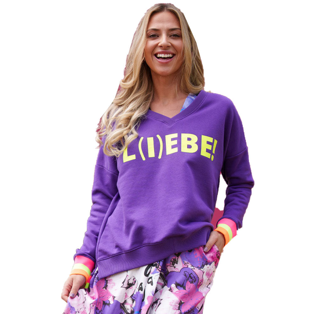 Miss Goodlife Damen Sweatshirt, V-Neck, L(I)EBE!, purple/neon yellow,