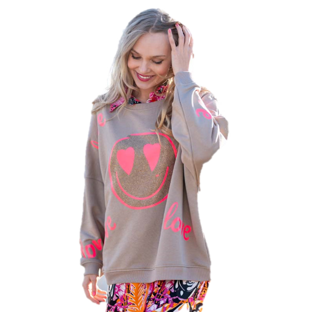 Miss Goodlife Damen Sweatshirt Heartface Love Strass, sand/neonpink,