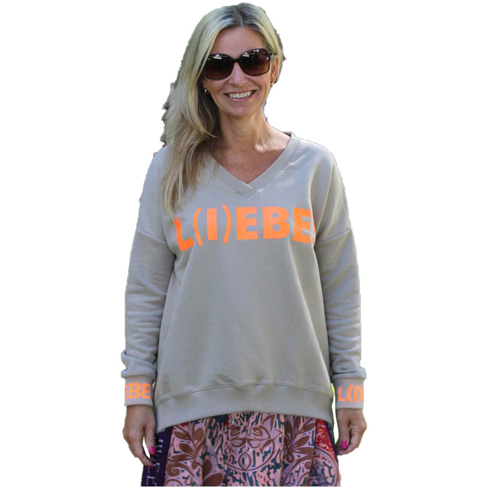 Miss Goodlife Damen Sweatshirt, V-Neck, L(I)EBE , sand/neonorange