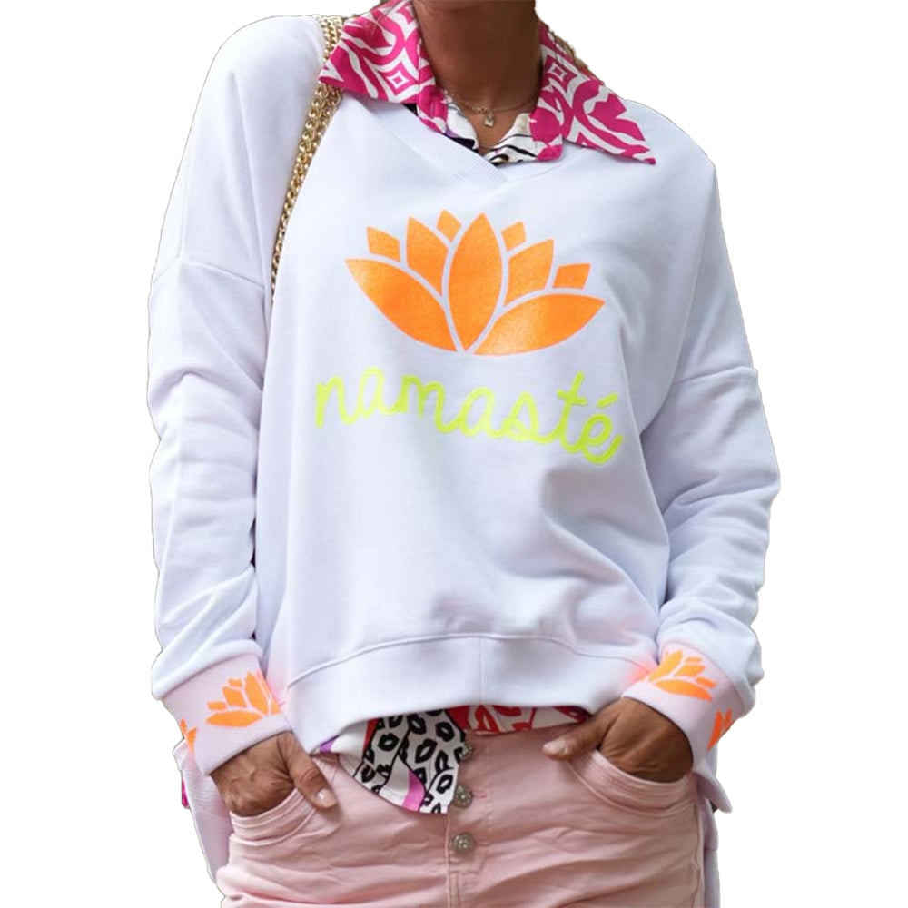 Miss Goodlife Damen Sweatshirt, V-Neck, Namaste, white/neonnorange,