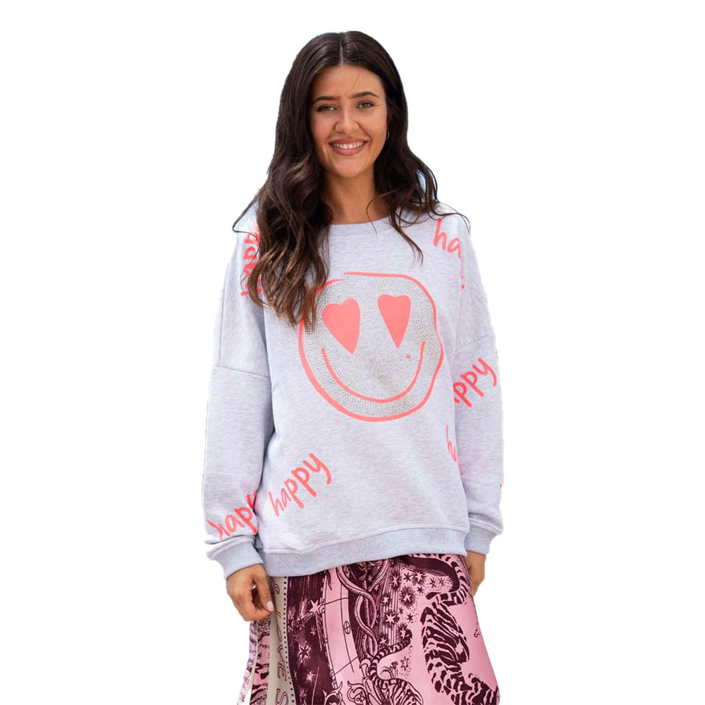 Miss Goodlife Damen Sweatshirt Happy, Heartface Strass, MG9378, grey/neonpink,