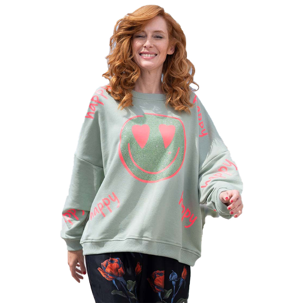 Miss Goodlife Damen Sweatshirt Happy, Heartface Strass, MG9381, almond/neon pink,